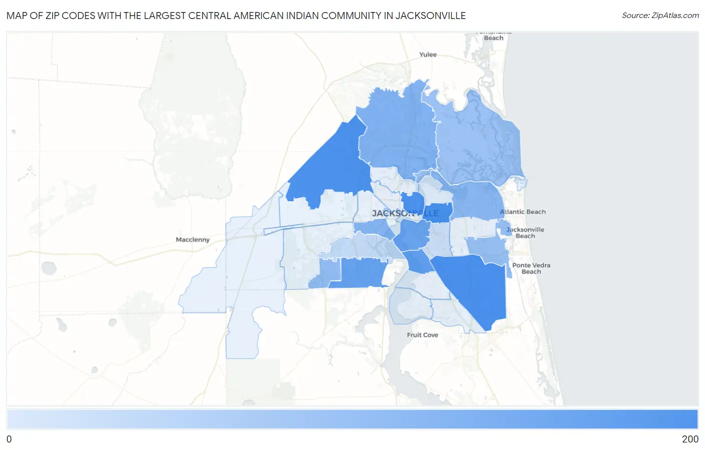 Zip Codes with the Largest Central American Indian Community in Jacksonville Map