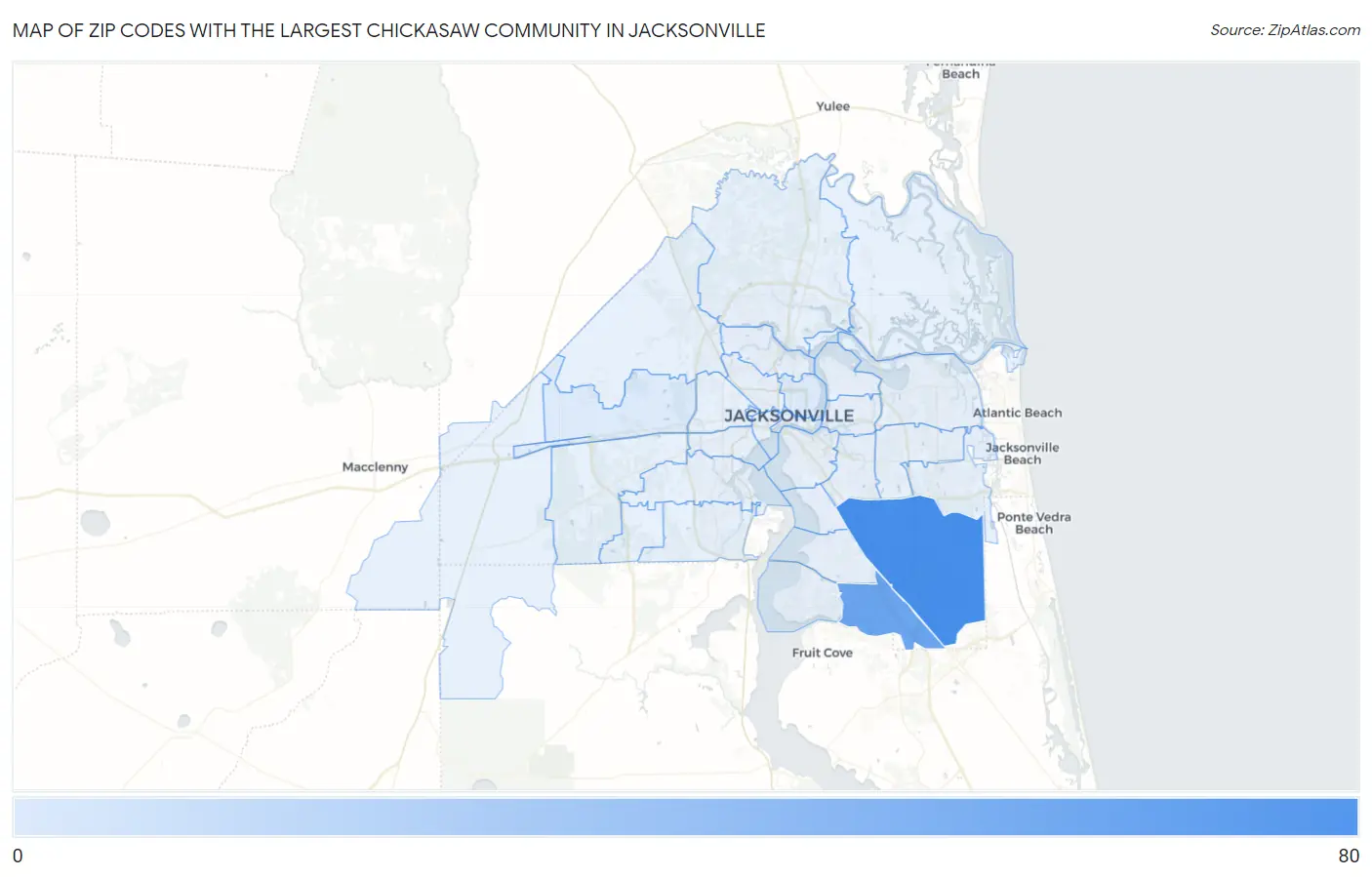 Zip Codes with the Largest Chickasaw Community in Jacksonville Map
