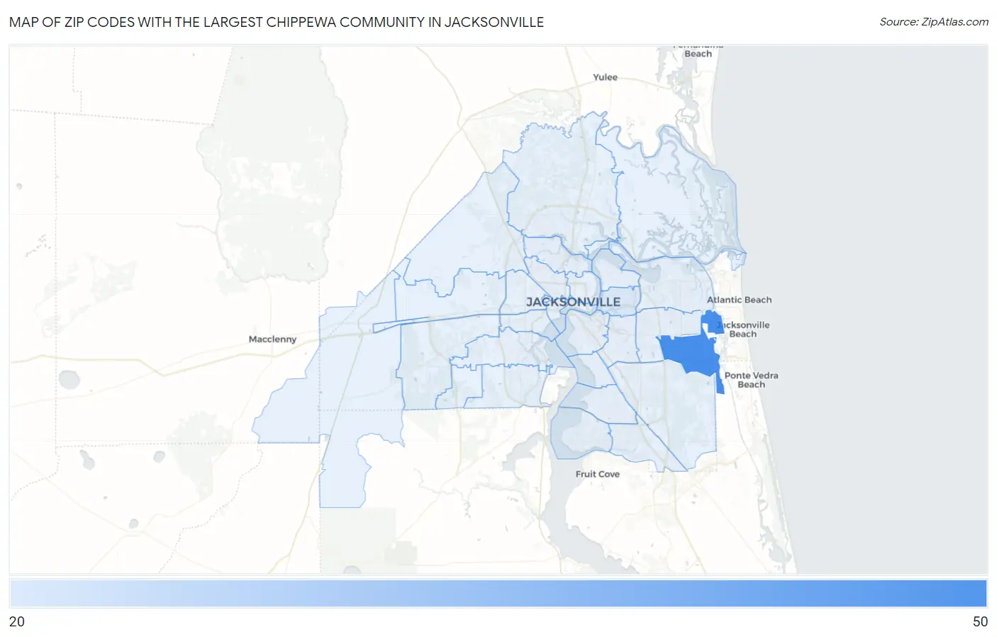Zip Codes with the Largest Chippewa Community in Jacksonville Map