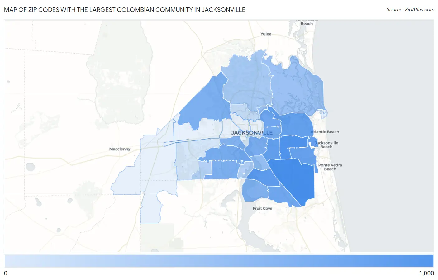 Zip Codes with the Largest Colombian Community in Jacksonville Map
