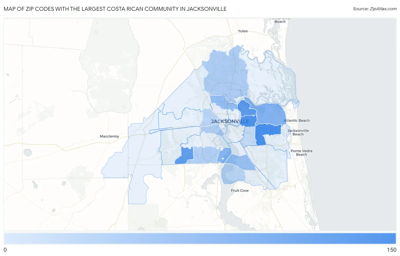 Zip Codes with the Largest Costa Rican Community in Jacksonville Map