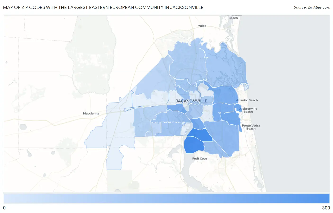 Zip Codes with the Largest Eastern European Community in Jacksonville Map