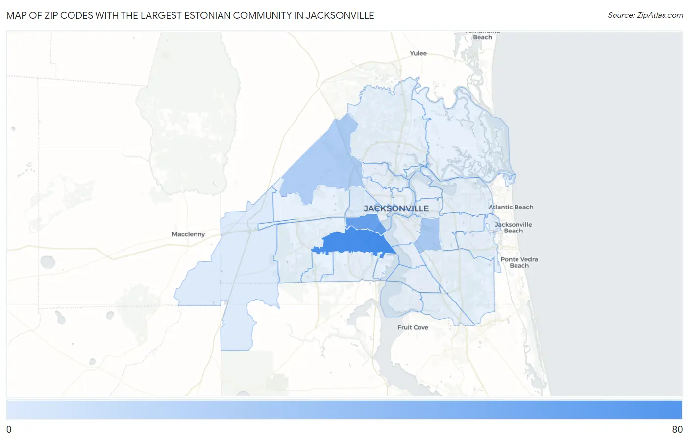 Zip Codes with the Largest Estonian Community in Jacksonville Map