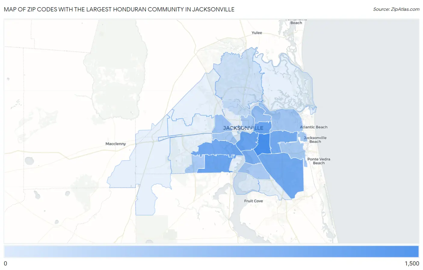 Zip Codes with the Largest Honduran Community in Jacksonville Map