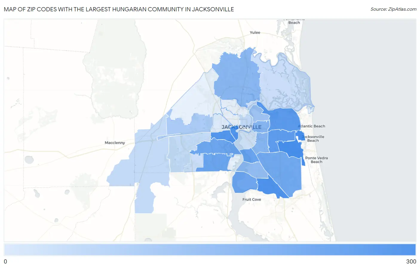 Zip Codes with the Largest Hungarian Community in Jacksonville Map
