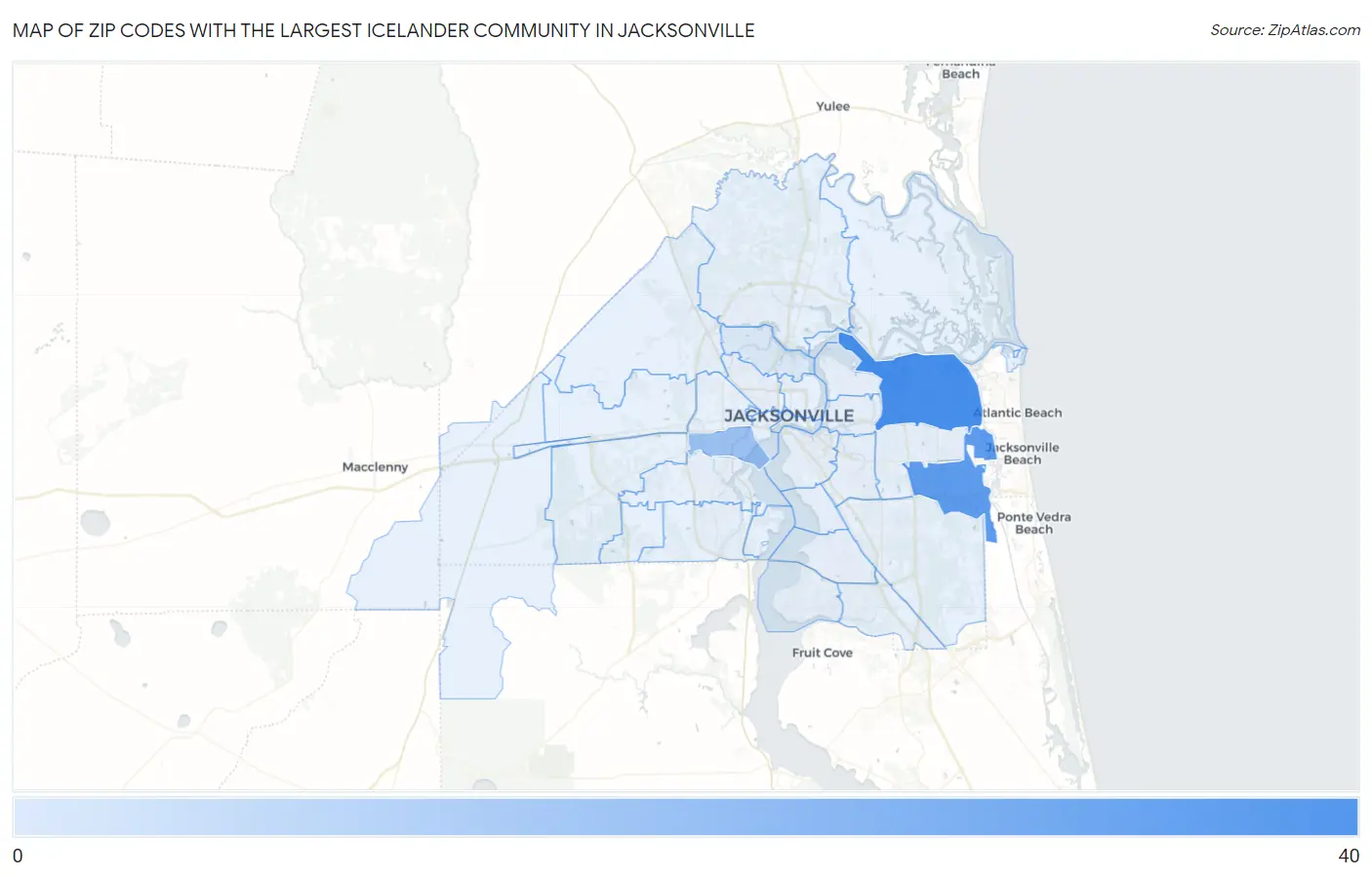 Zip Codes with the Largest Icelander Community in Jacksonville Map