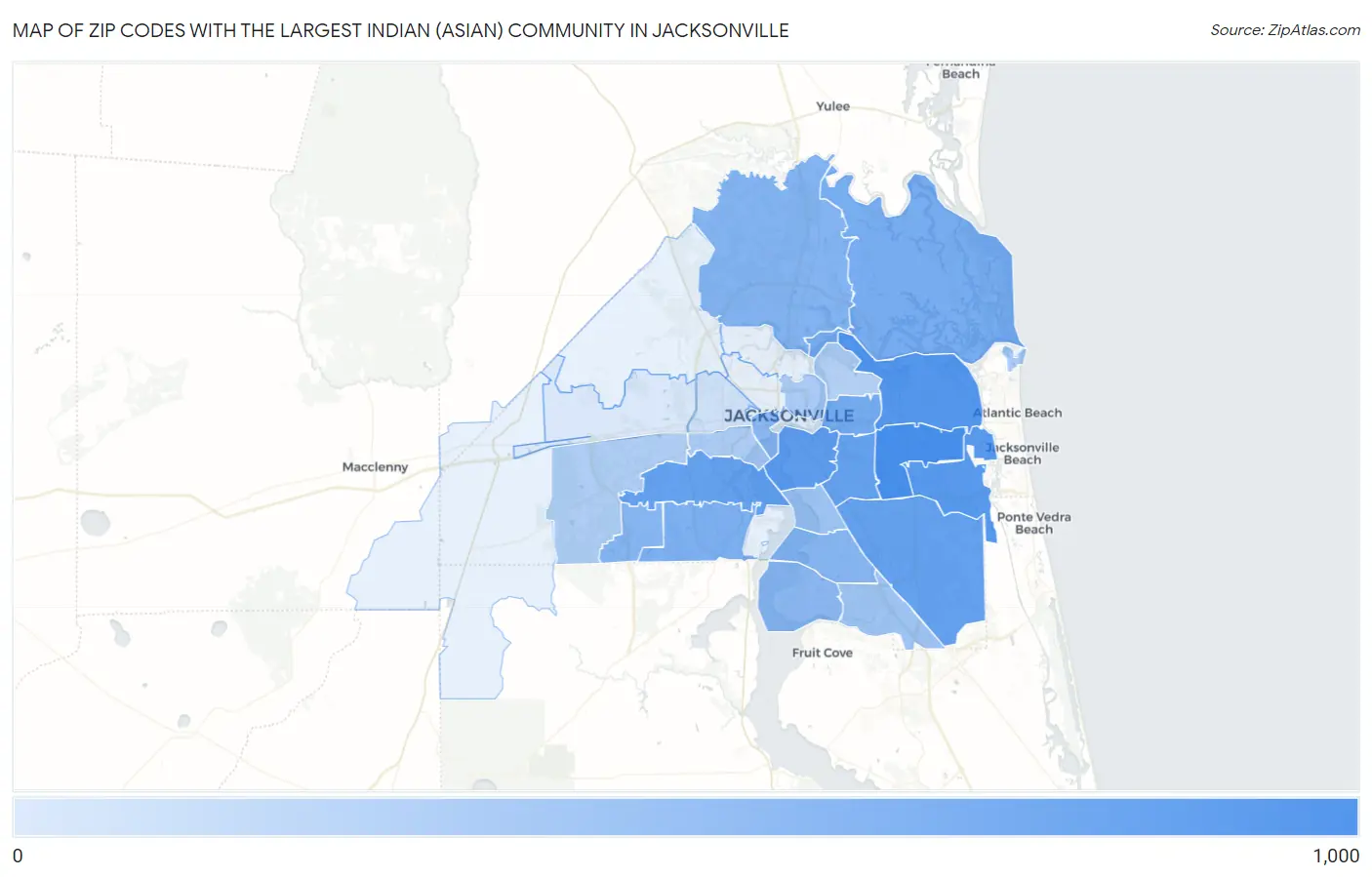 Zip Codes with the Largest Indian (Asian) Community in Jacksonville Map