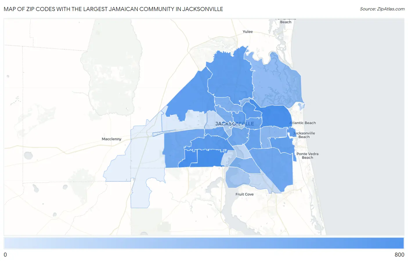 Zip Codes with the Largest Jamaican Community in Jacksonville Map