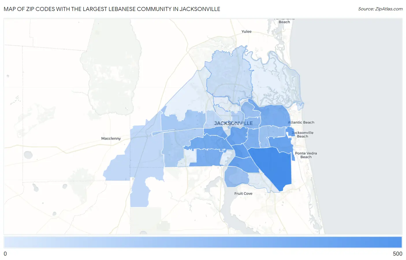 Zip Codes with the Largest Lebanese Community in Jacksonville Map