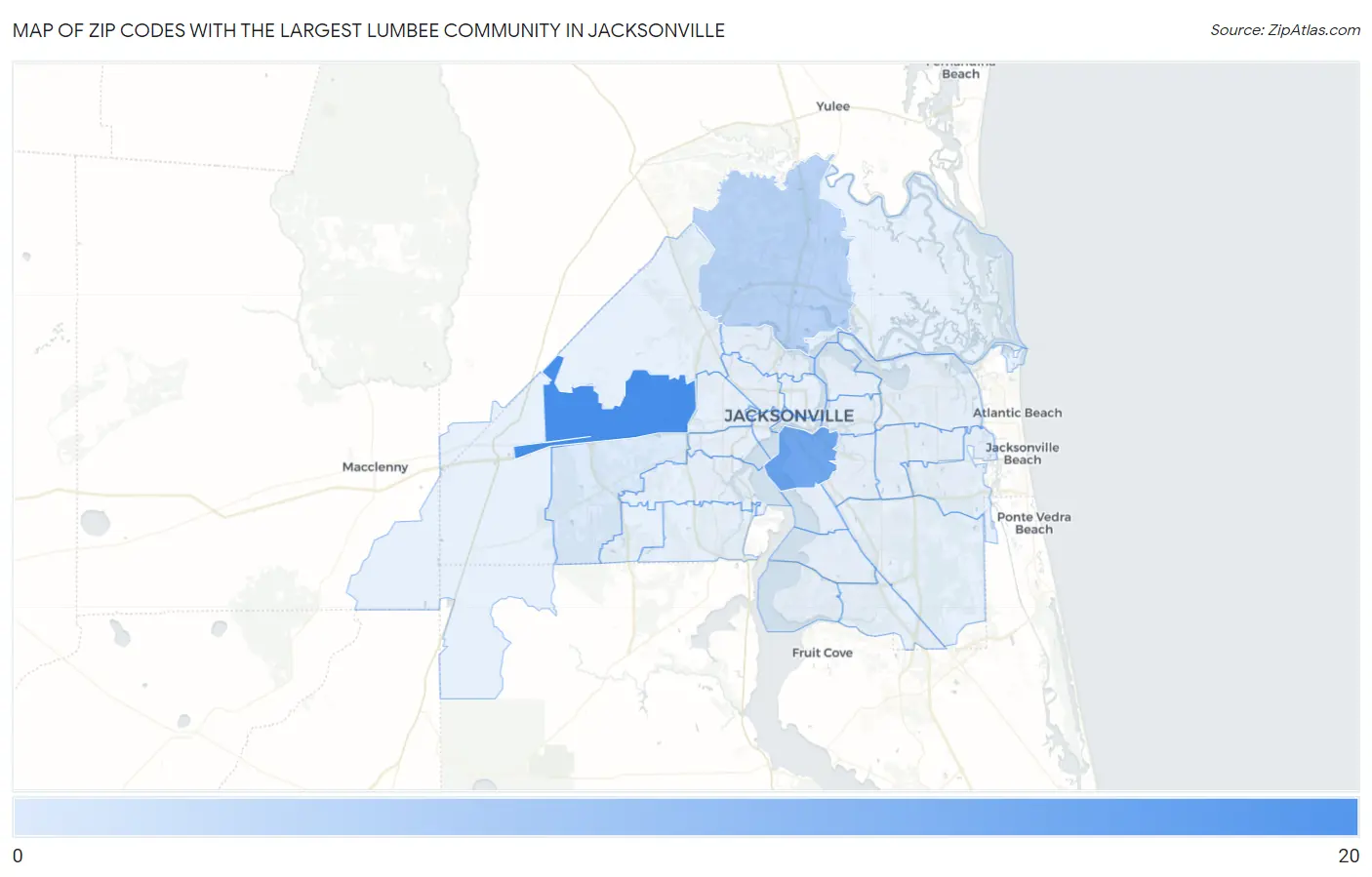 Zip Codes with the Largest Lumbee Community in Jacksonville Map