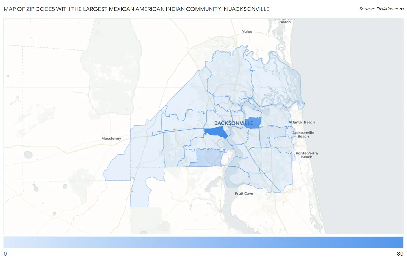 Zip Codes with the Largest Mexican American Indian Community in Jacksonville Map