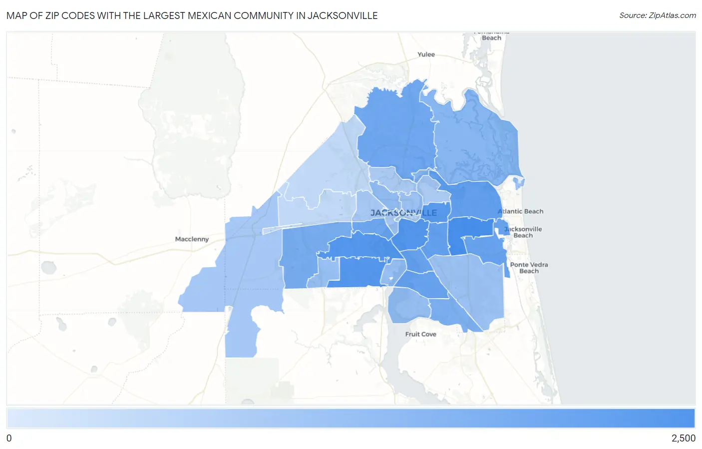 Zip Codes with the Largest Mexican Community in Jacksonville Map
