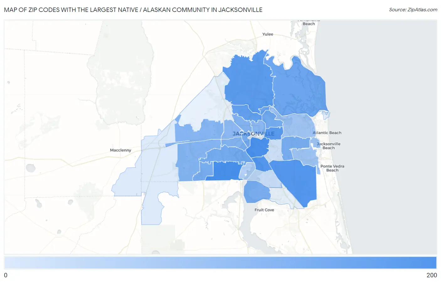 Zip Codes with the Largest Native / Alaskan Community in Jacksonville Map