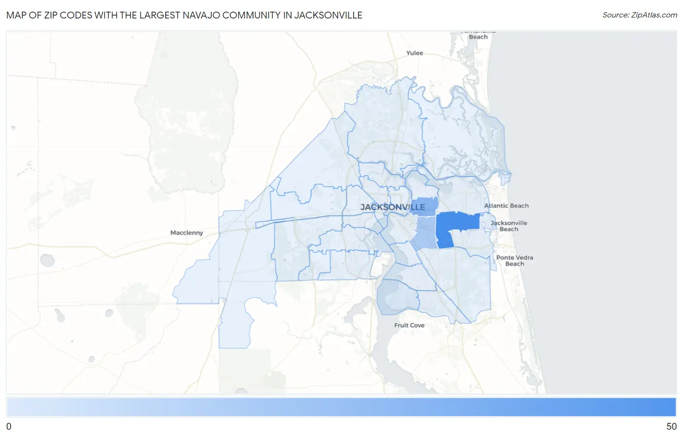 Zip Codes with the Largest Navajo Community in Jacksonville Map