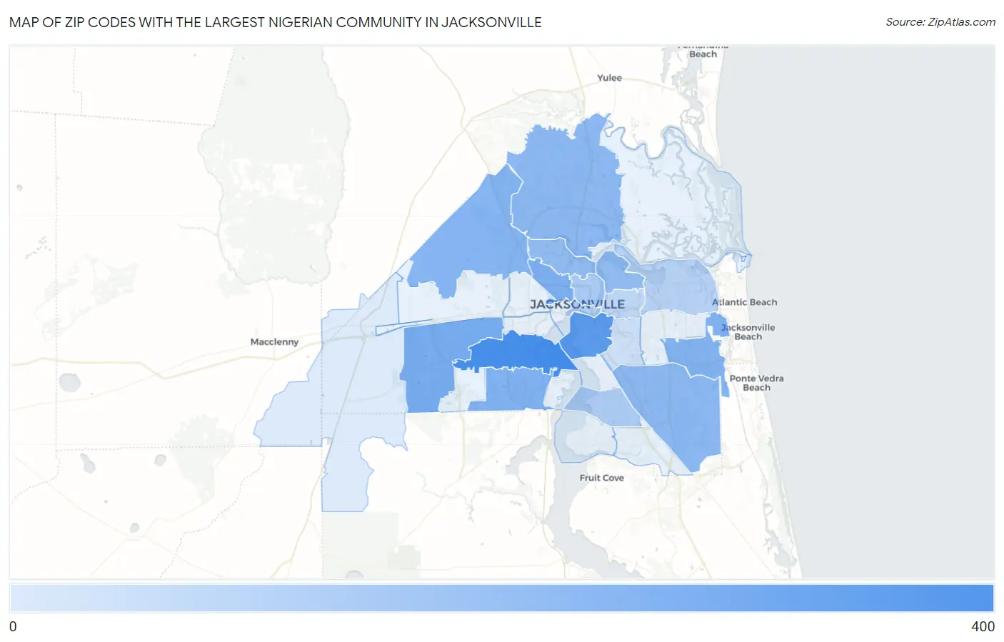 Zip Codes with the Largest Nigerian Community in Jacksonville Map