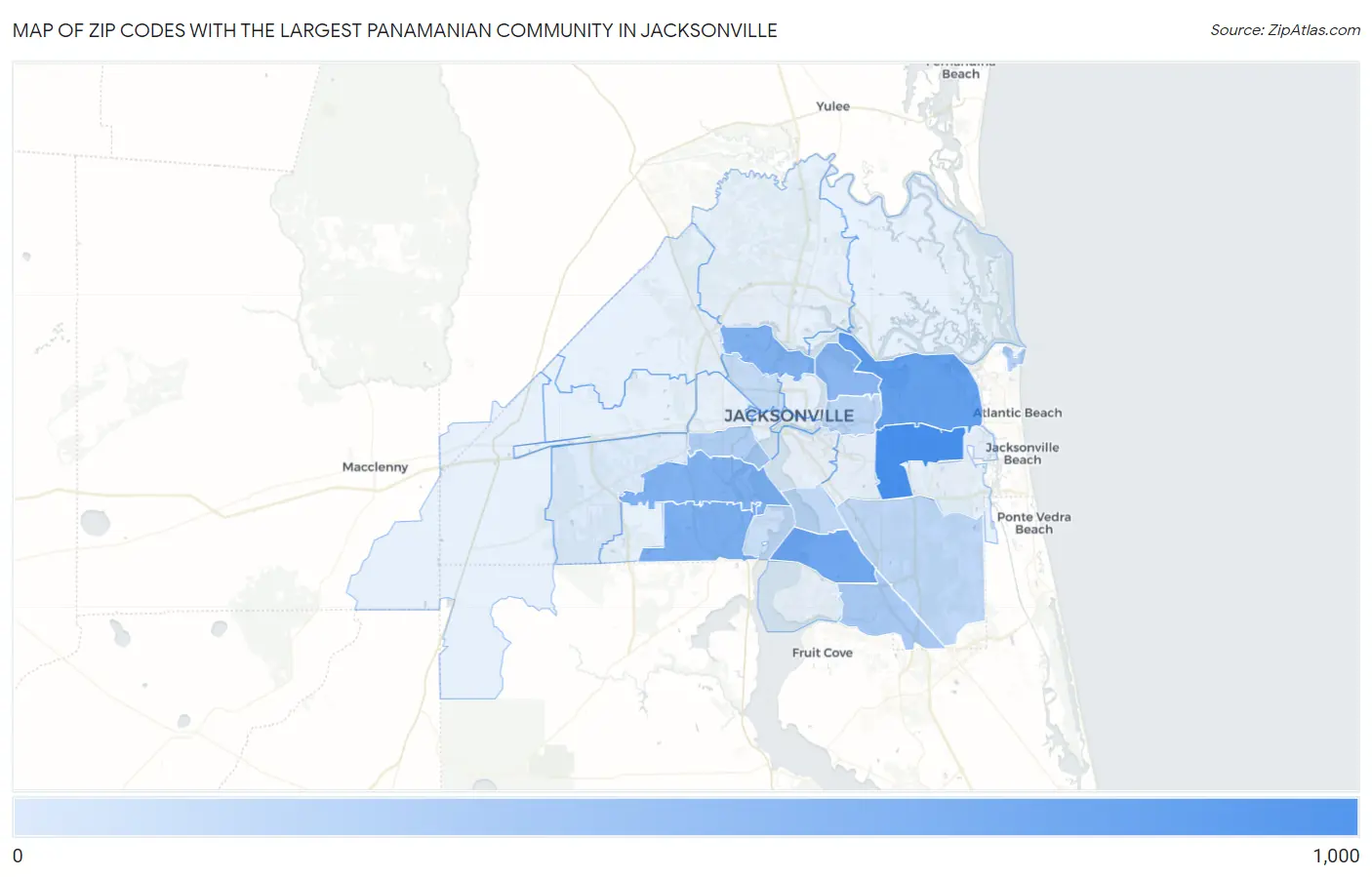 Zip Codes with the Largest Panamanian Community in Jacksonville Map