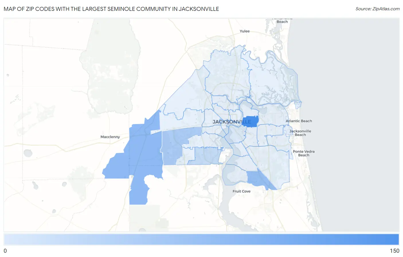 Zip Codes with the Largest Seminole Community in Jacksonville Map