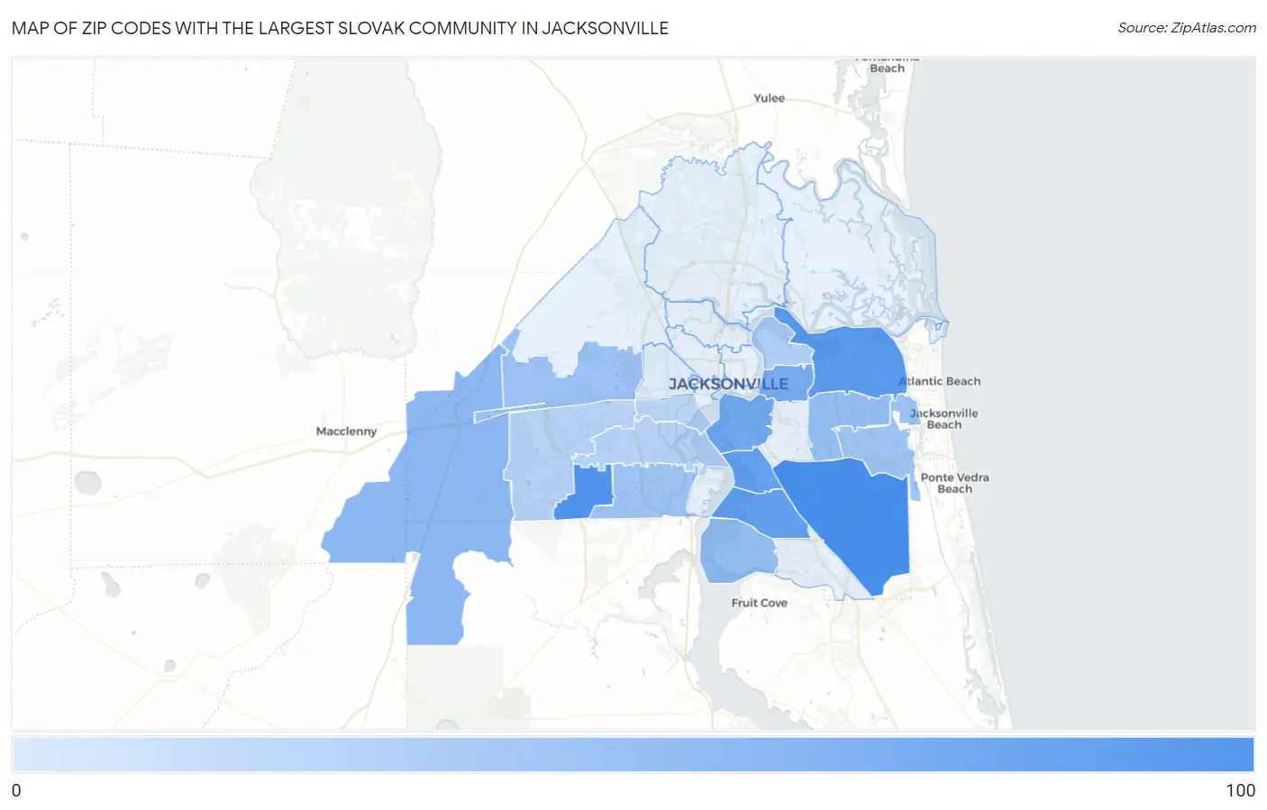 Zip Codes with the Largest Slovak Community in Jacksonville Map