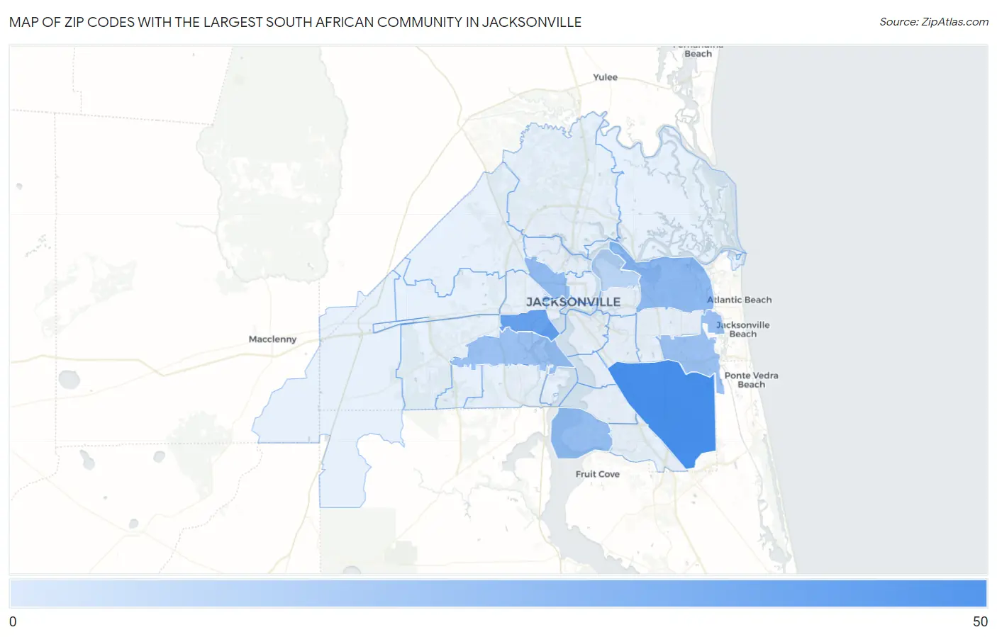 Zip Codes with the Largest South African Community in Jacksonville Map