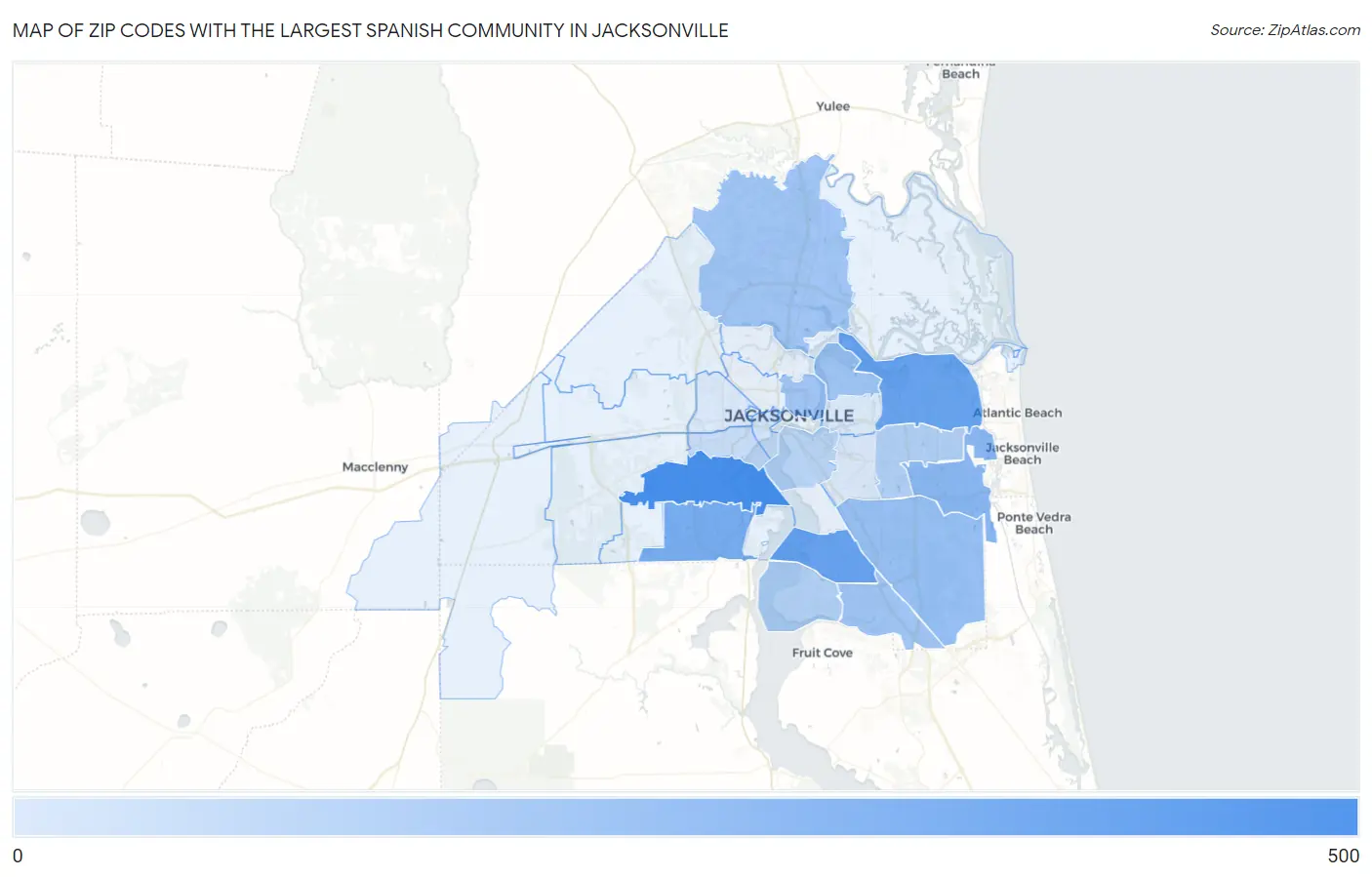 Zip Codes with the Largest Spanish Community in Jacksonville Map
