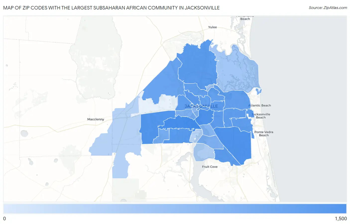 Zip Codes with the Largest Subsaharan African Community in Jacksonville Map