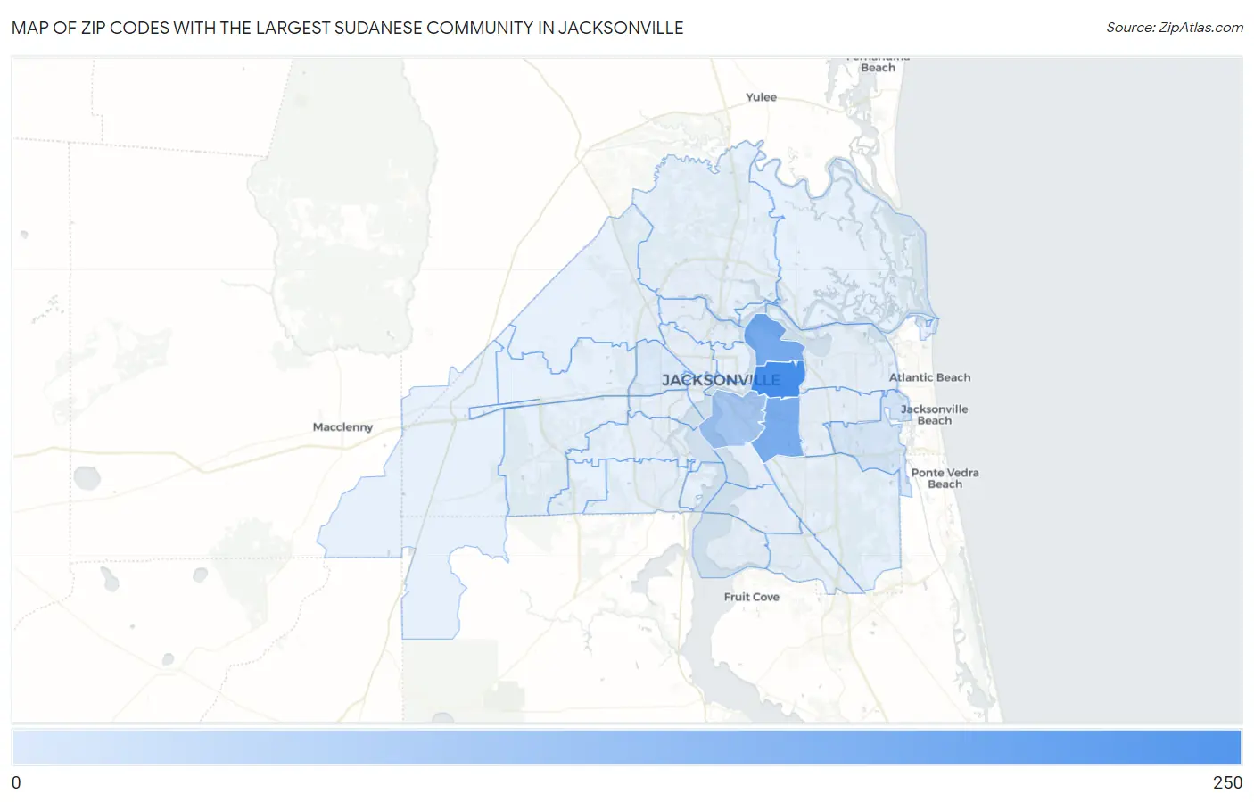 Zip Codes with the Largest Sudanese Community in Jacksonville Map
