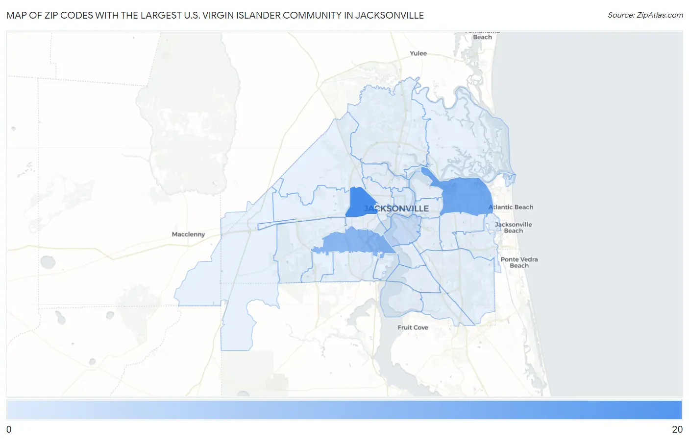 Zip Codes with the Largest U.S. Virgin Islander Community in Jacksonville Map