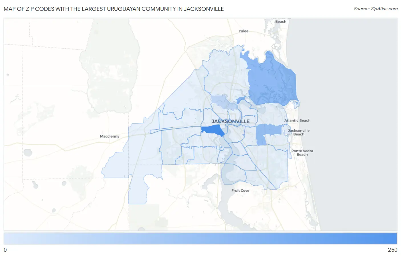 Zip Codes with the Largest Uruguayan Community in Jacksonville Map