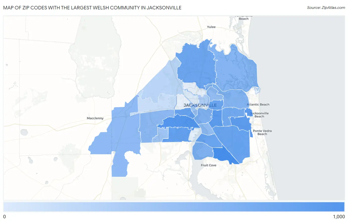 Zip Codes with the Largest Welsh Community in Jacksonville Map