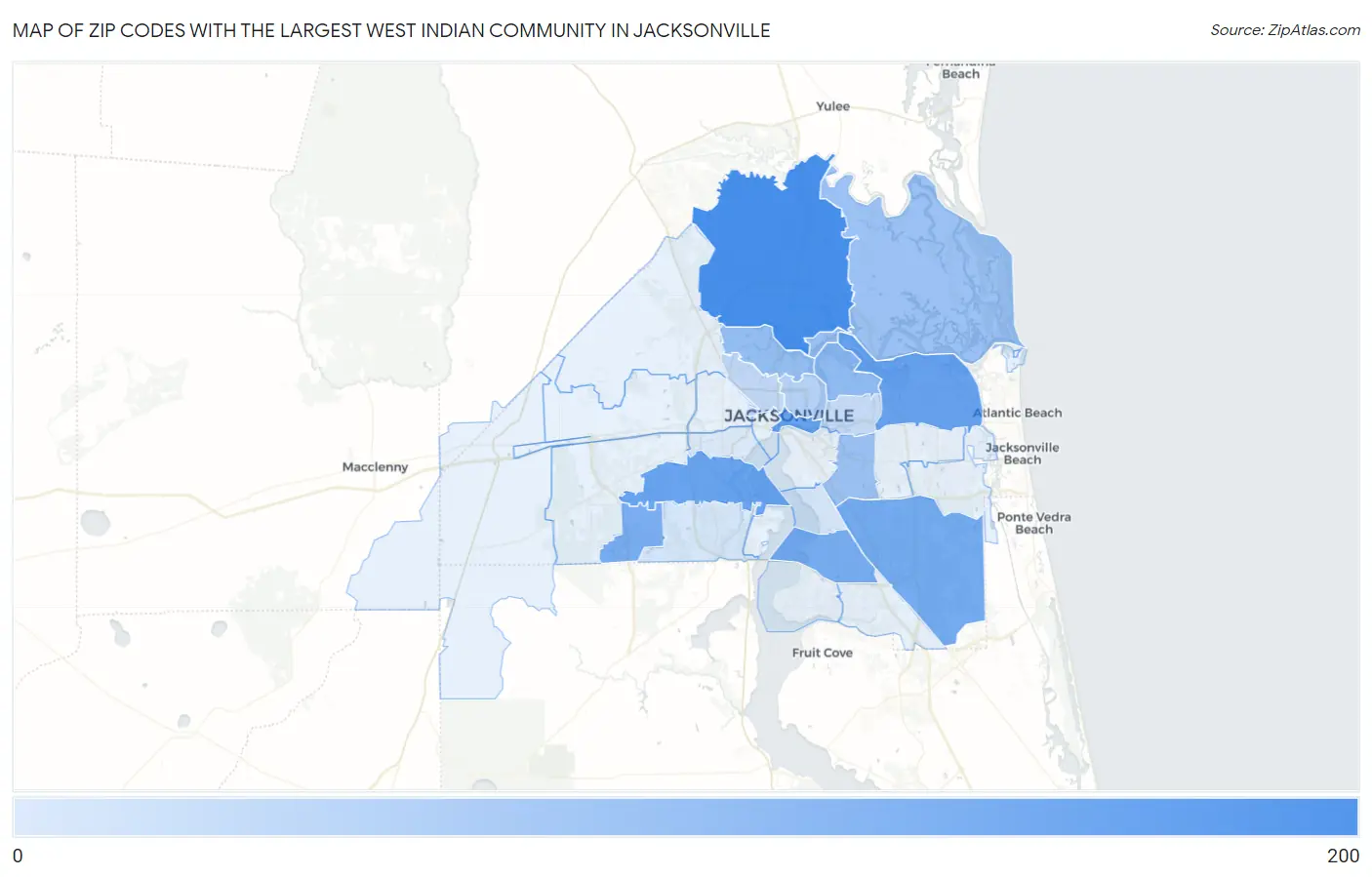 Zip Codes with the Largest West Indian Community in Jacksonville Map