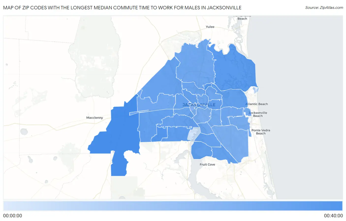 Zip Codes with the Longest Median Commute Time to Work for Males in Jacksonville Map