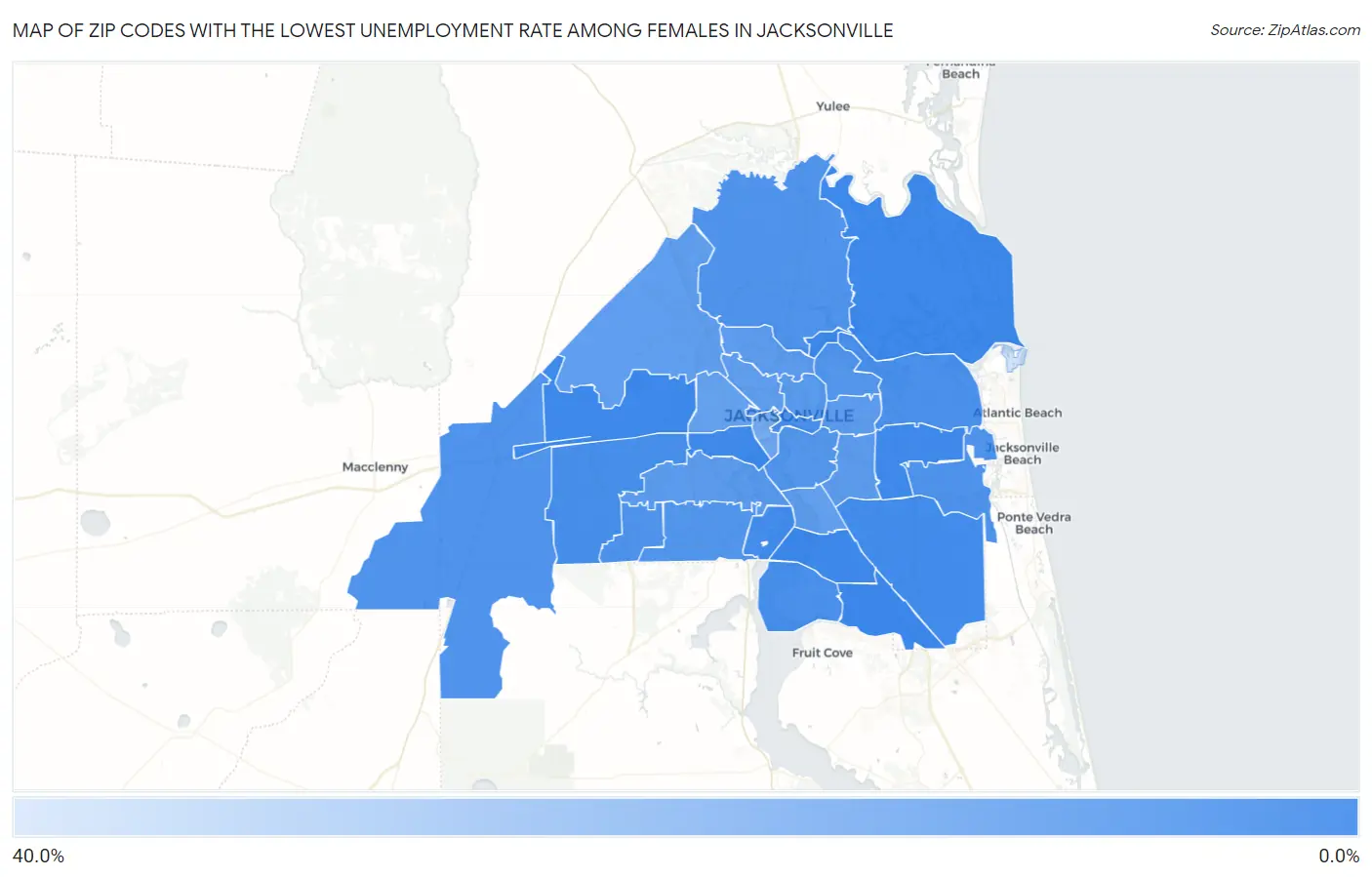 Zip Codes with the Lowest Unemployment Rate Among Females in Jacksonville Map