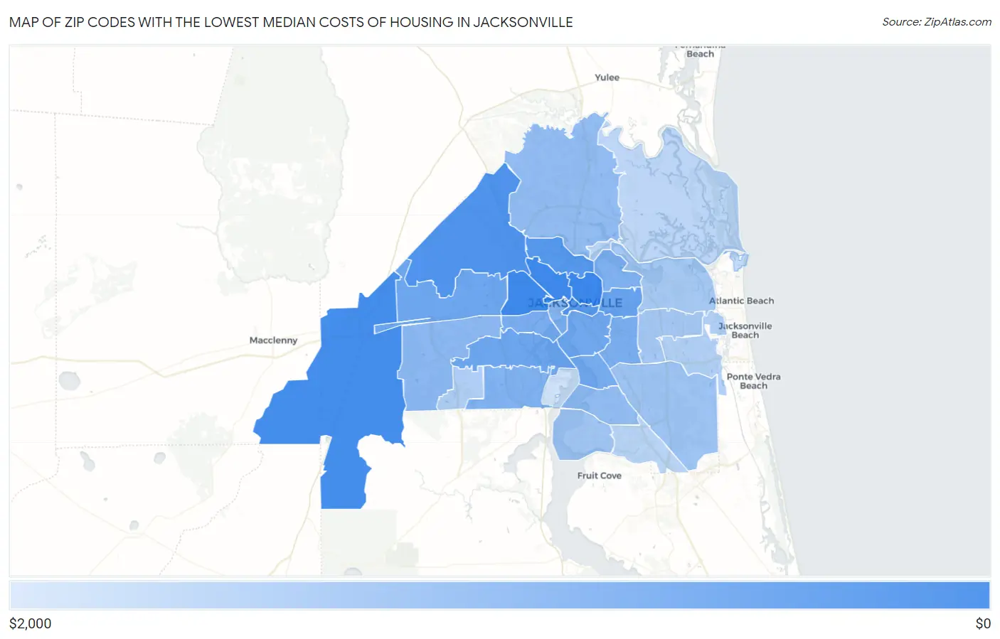 Zip Codes with the Lowest Median Costs of Housing in Jacksonville Map