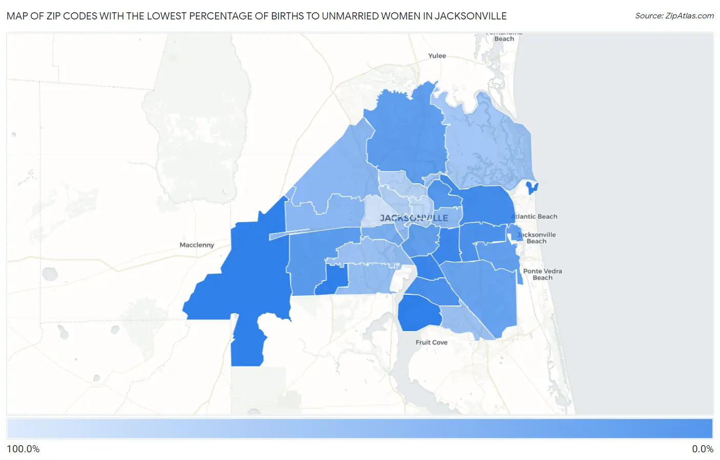 Zip Codes with the Lowest Percentage of Births to Unmarried Women in Jacksonville Map