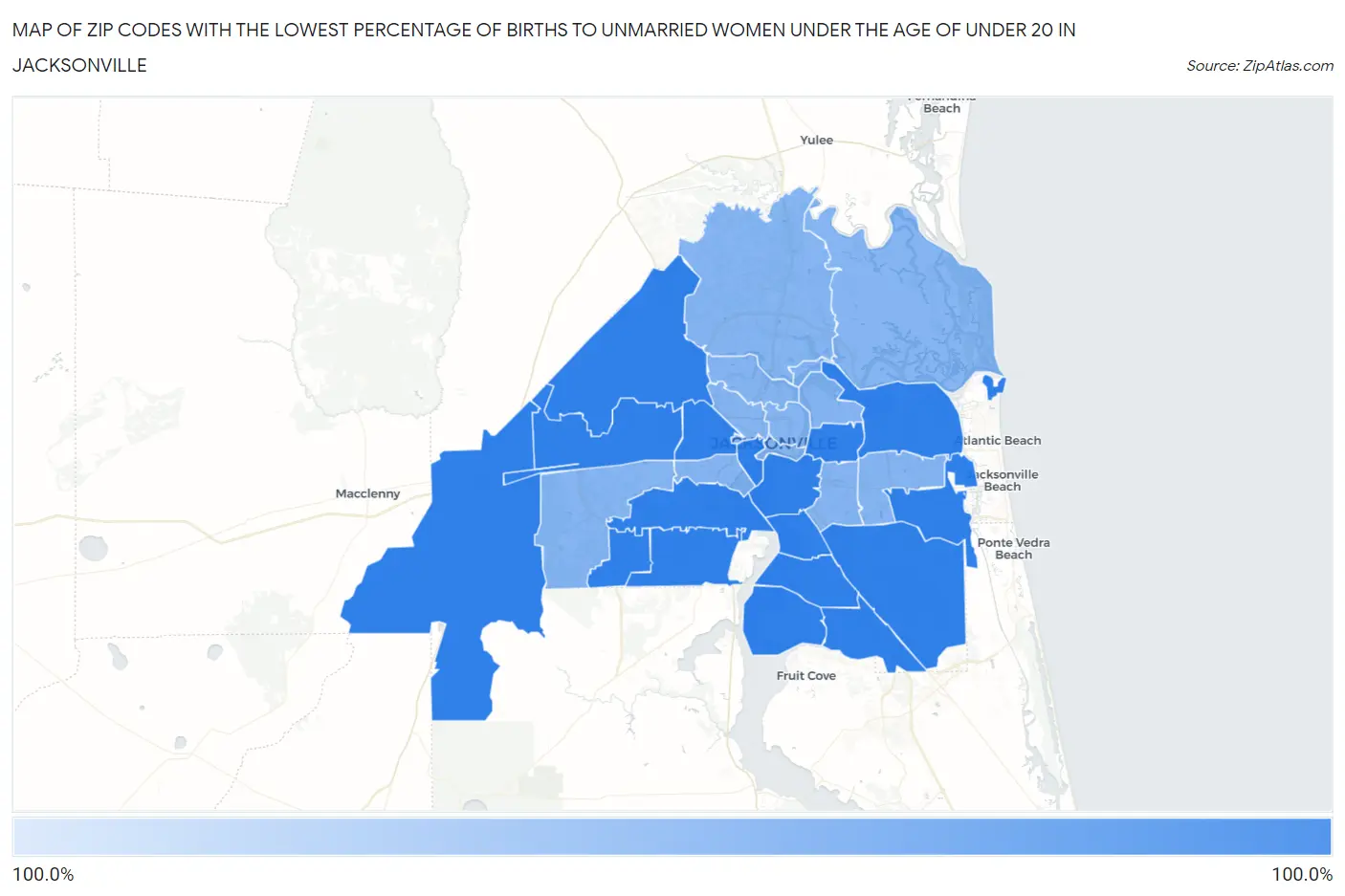 Zip Codes with the Lowest Percentage of Births to Unmarried Women under the Age of under 20 in Jacksonville Map