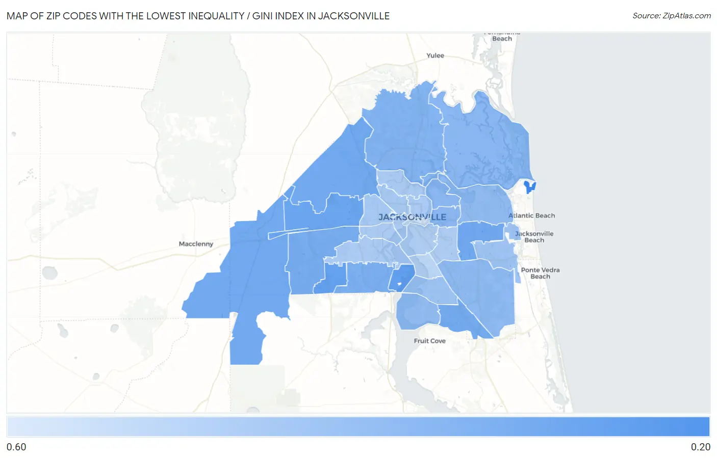 Zip Codes with the Lowest Inequality / Gini Index in Jacksonville Map
