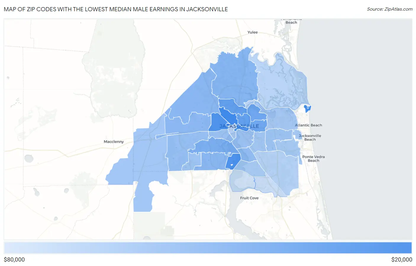 Zip Codes with the Lowest Median Male Earnings in Jacksonville Map