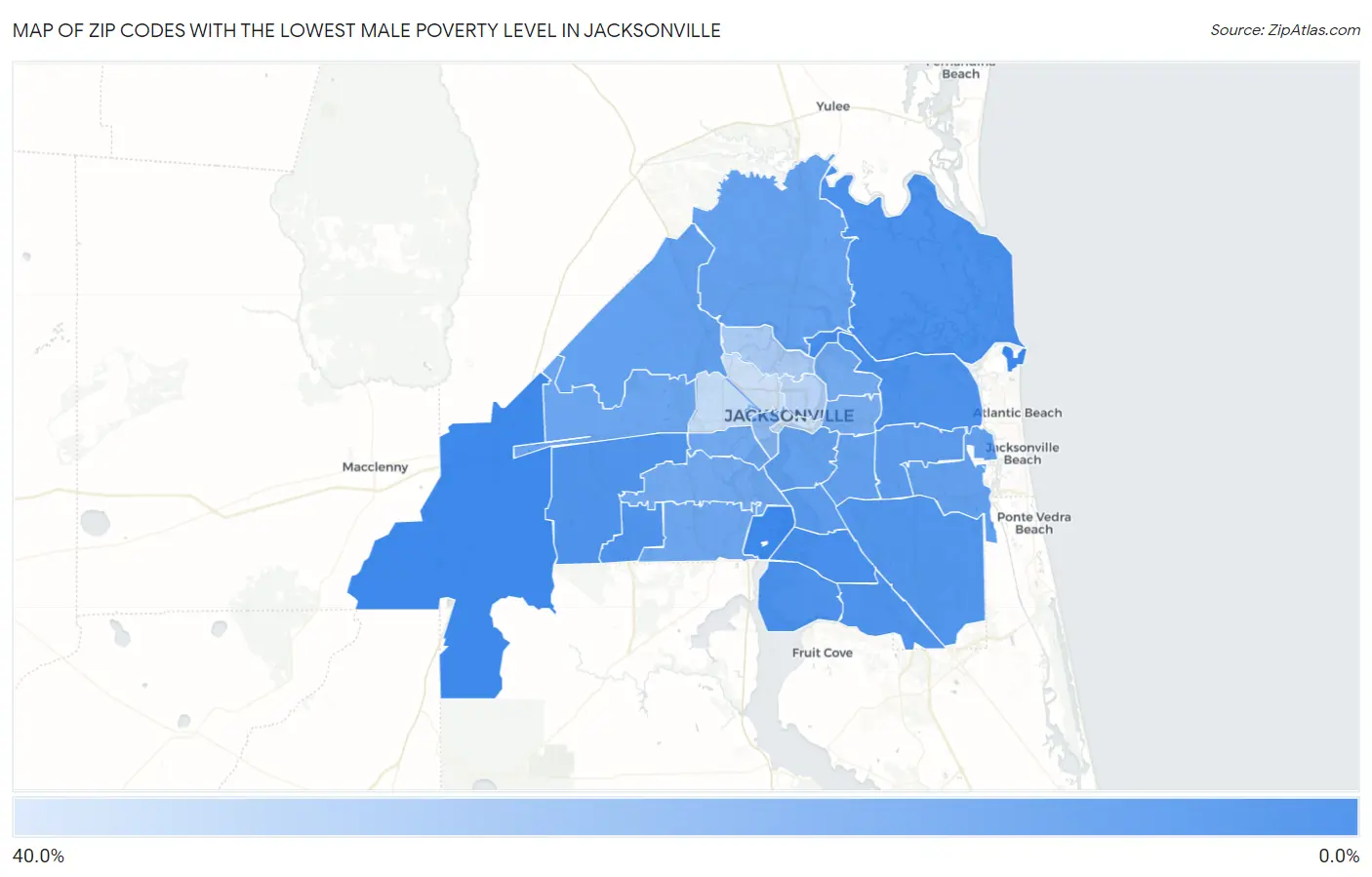 Zip Codes with the Lowest Male Poverty Level in Jacksonville Map