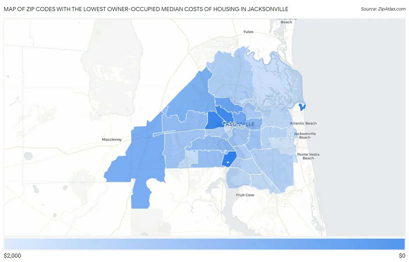 Zip Codes with the Lowest Owner-Occupied Median Costs of Housing in Jacksonville Map
