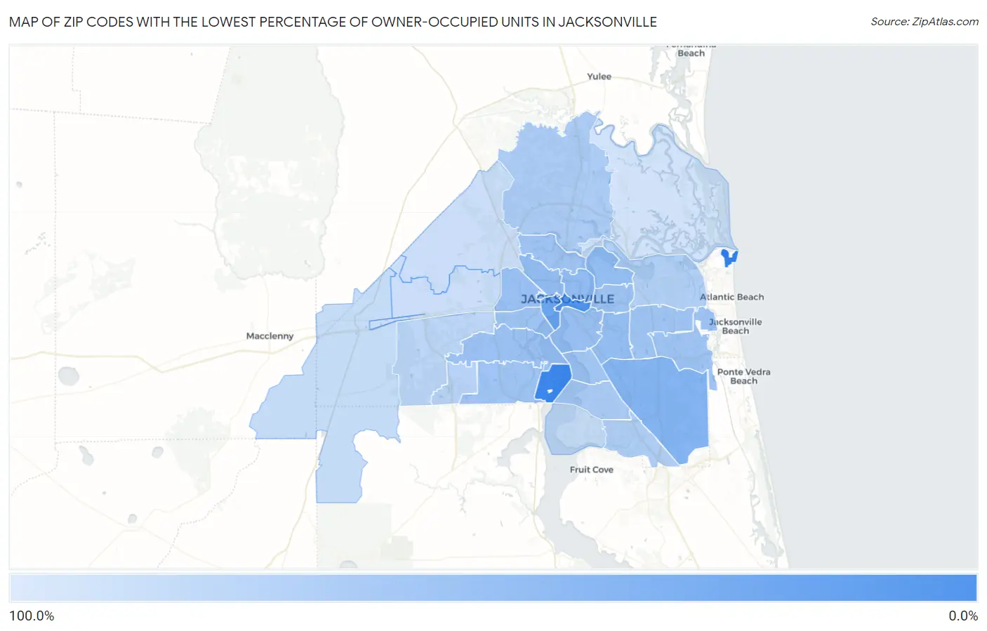 Zip Codes with the Lowest Percentage of Owner-Occupied Units in Jacksonville Map