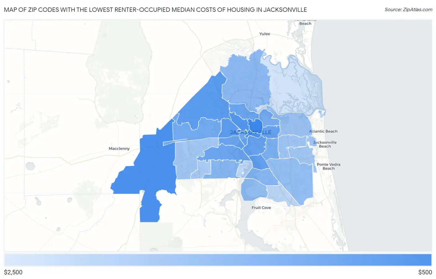 Zip Codes with the Lowest Renter-Occupied Median Costs of Housing in Jacksonville Map