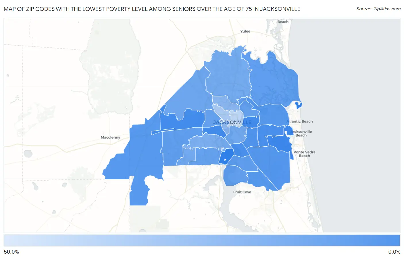 Zip Codes with the Lowest Poverty Level Among Seniors Over the Age of 75 in Jacksonville Map