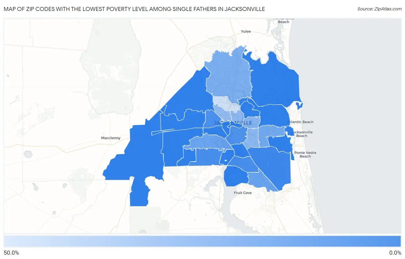 Zip Codes with the Lowest Poverty Level Among Single Fathers in Jacksonville Map