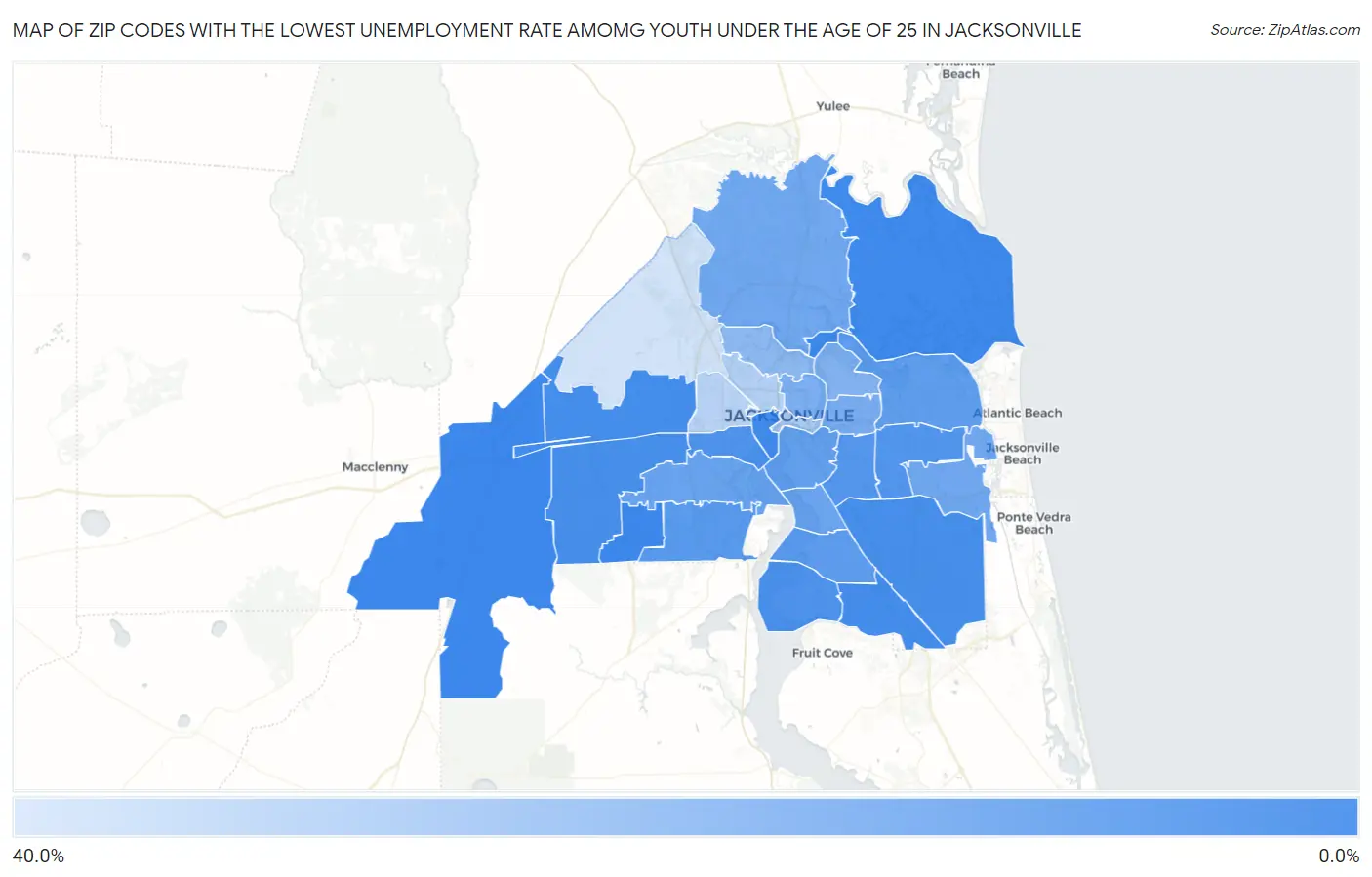 Zip Codes with the Lowest Unemployment Rate Amomg Youth Under the Age of 25 in Jacksonville Map