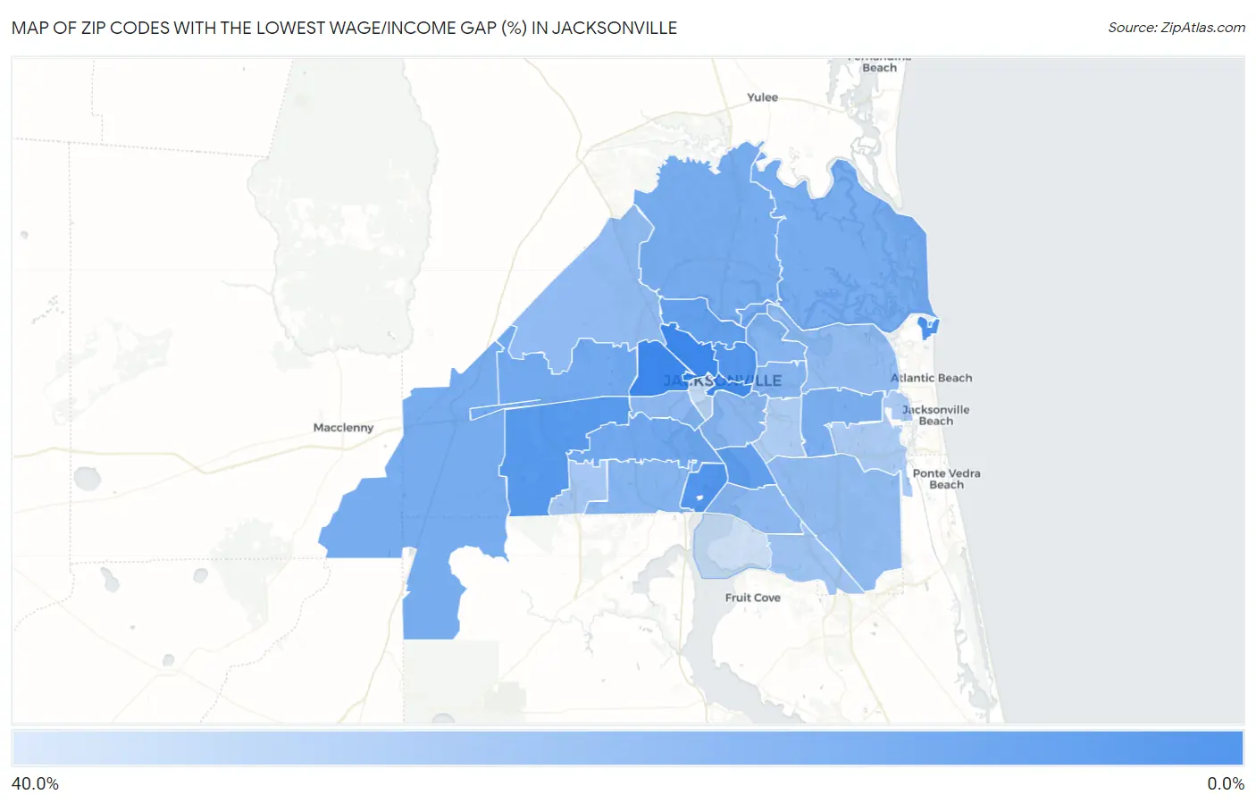 Zip Codes with the Lowest Wage/Income Gap (%) in Jacksonville Map