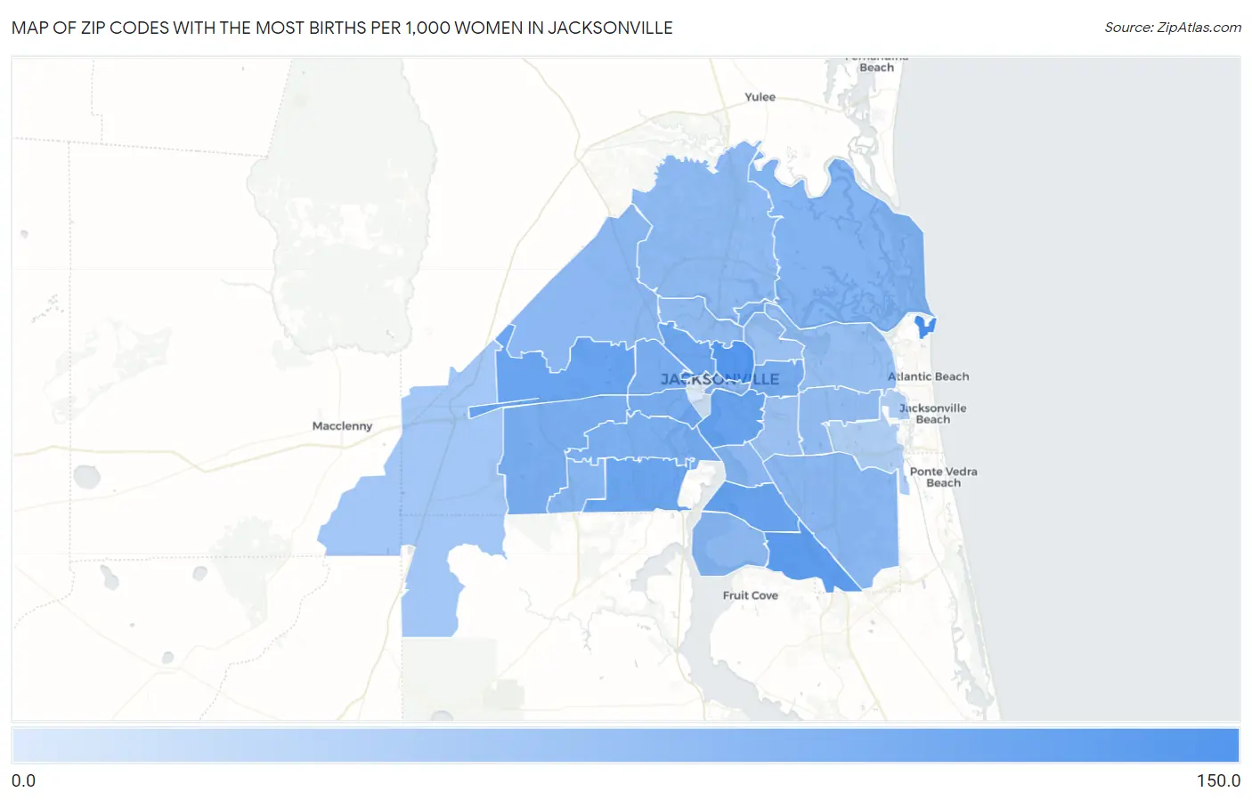 Zip Codes with the Most Births per 1,000 Women in Jacksonville Map