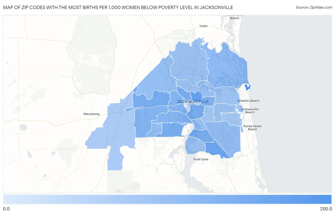 Zip Codes with the Most Births per 1,000 Women Below Poverty Level in Jacksonville Map