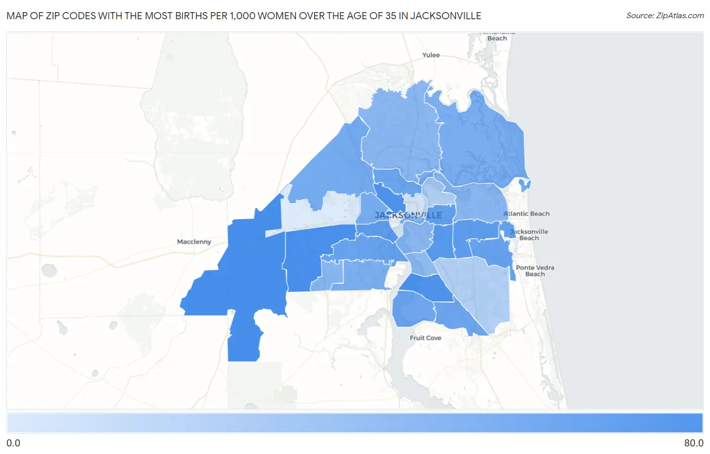 Zip Codes with the Most Births per 1,000 Women Over the Age of 35 in Jacksonville Map