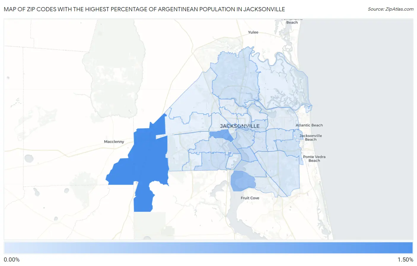 Zip Codes with the Highest Percentage of Argentinean Population in Jacksonville Map
