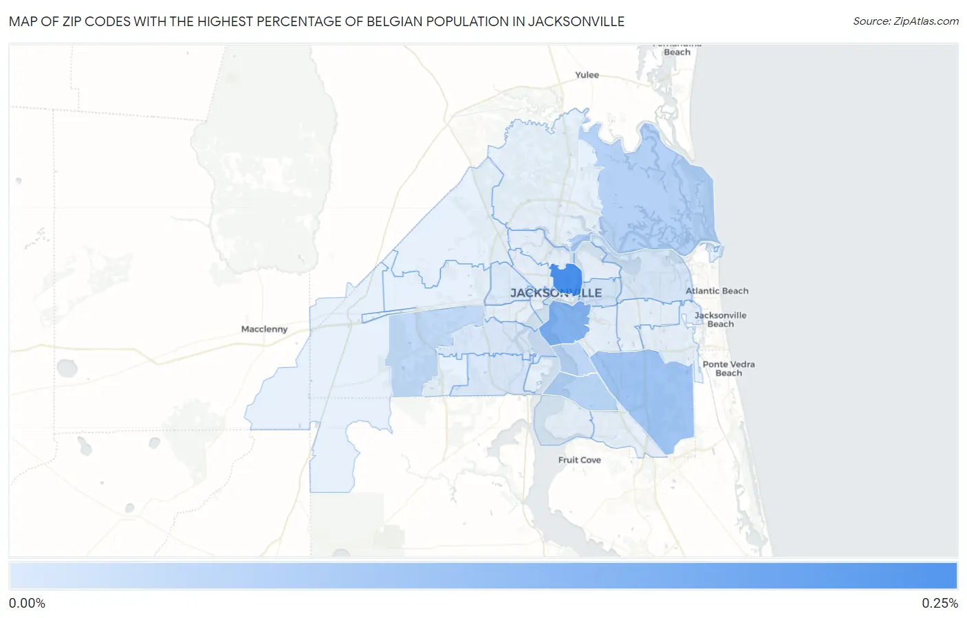 Zip Codes with the Highest Percentage of Belgian Population in Jacksonville Map